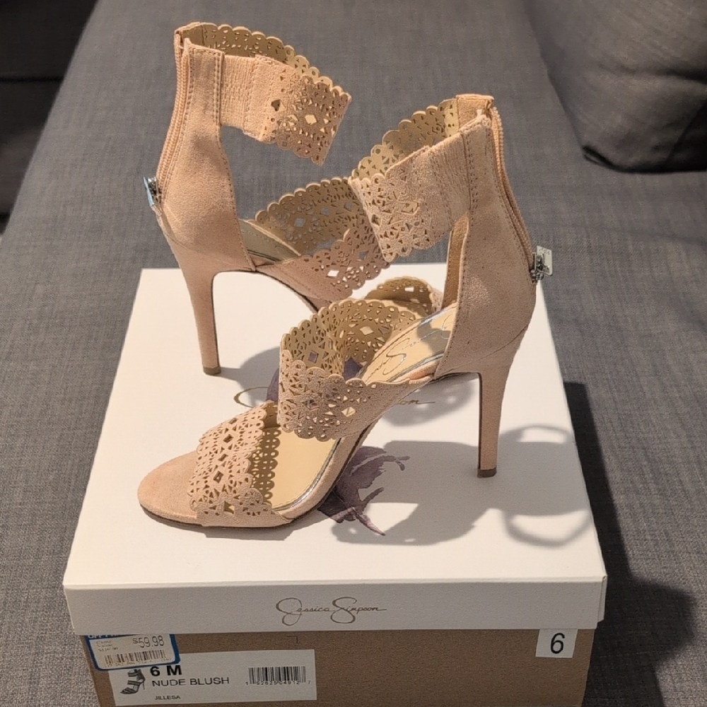 Jessica Simpson Tan Stiletto Heels with Laser-Cut Design